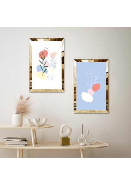Gold Aynalı Pleksi Çerçeveli Mavi Beyaz Arka Planlı Soyut Bitkiler Dekoratif Ikili Mdf Tablo Seti fiyatları