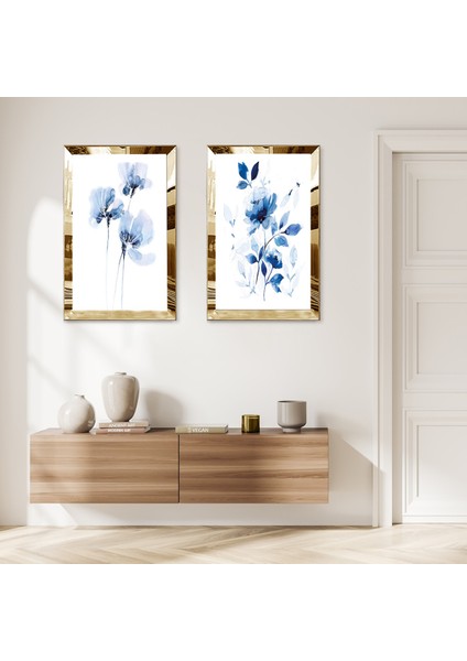 Gold Aynalı Pleksi Çerçeveli Beyaz Arka Planlı Mavi Çiçekler Ikili Mdf Tablo Seti