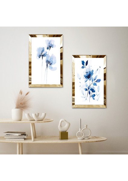 Gold Aynalı Pleksi Çerçeveli Beyaz Arka Planlı Mavi Çiçekler Ikili Mdf Tablo Seti fiyatları