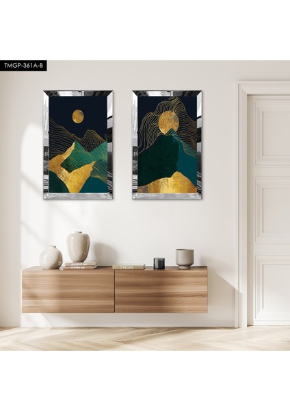 Gümüş Aynalı Pleksi Çerçeveli Soyut Gece Dağ Manzaralı Modern Ikili Mdf Tablo Seti
