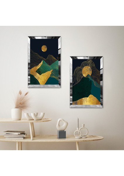 Gümüş Aynalı Pleksi Çerçeveli Soyut Gece Dağ Manzaralı Modern Ikili Mdf Tablo Seti fiyatları