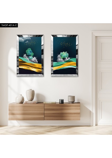Gümüş Aynalı Pleksi Çerçeveli Gece Ağaç Manzaralı Dekoratif Ikili Mdf Tablo Seti