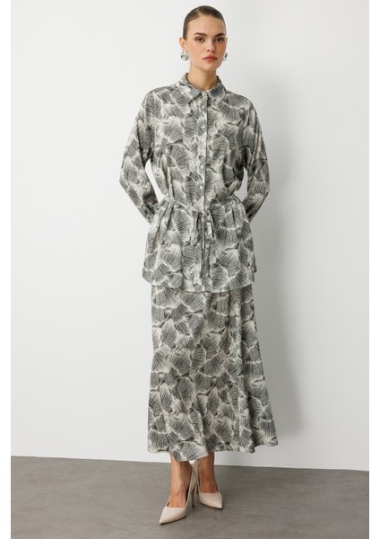 Haki Yeşil Yaprak Desenli Ip Kuşaklı Tunik Gömlek