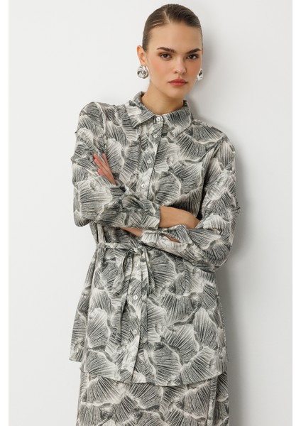 Haki Yeşil Yaprak Desenli Ip Kuşaklı Tunik Gömlek indirimleri