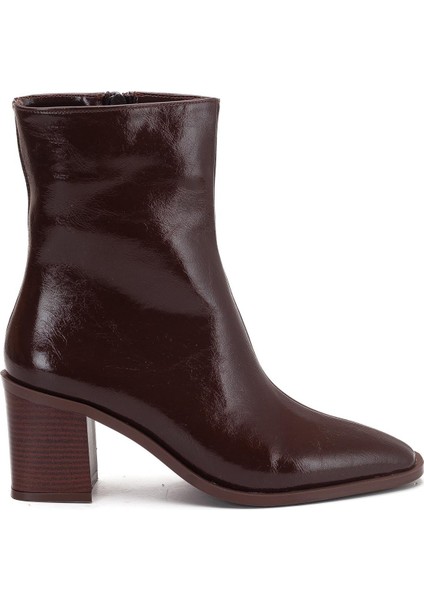 Kahverengi Kadın Kalın Topuklu Bot Rugan Küt Burun Yüzüdüz fiyatları