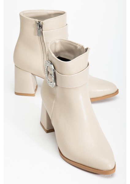 Bej Kadın Kalın Topuklu Bot Taş Tokalı Sivri Burun