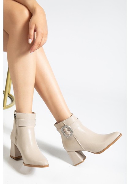 Bej Kadın Kalın Topuklu Bot Taş Tokalı Sivri Burun fiyatları