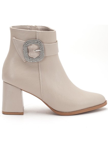 Bej Kadın Kalın Topuklu Bot Taş Tokalı Sivri Burun modelleri