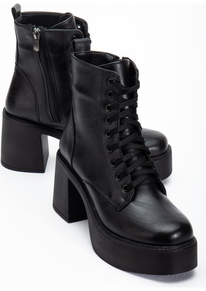 Siyah Kadın Platform Topuklu Bot Bağcıklı Fermuarlı