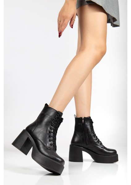 Siyah Kadın Platform Topuklu Bot Bağcıklı Fermuarlı fiyatları