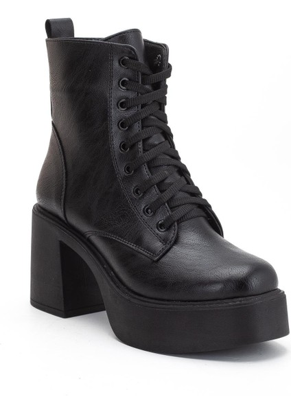 Siyah Kadın Platform Topuklu Bot Bağcıklı Fermuarlı fırsatları
