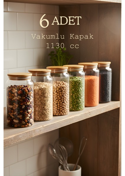 6’lı Cam Kavanoz Seti 1130 cc – Vakumlu Bambu Kavanoz