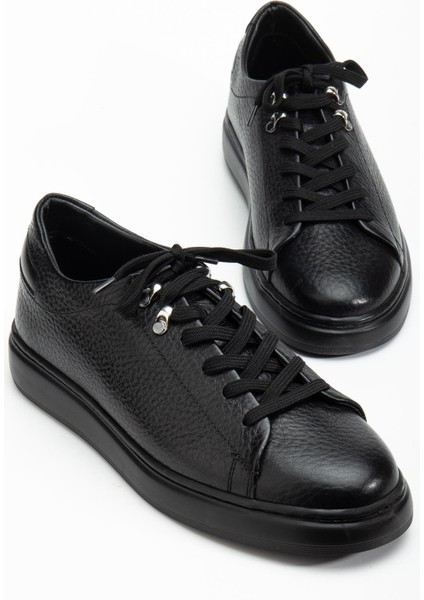Hakiki Deri Erkek Casual Ayakkabı Siyah Düz Taban Bağlı