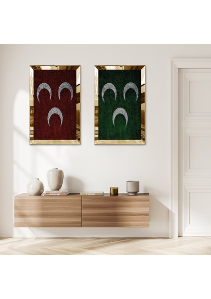 Gold Aynalı Pleksi Çerçeveli Kıemızı ve Yeşil 3 Hilal Ikili Mdf Tablo Seti