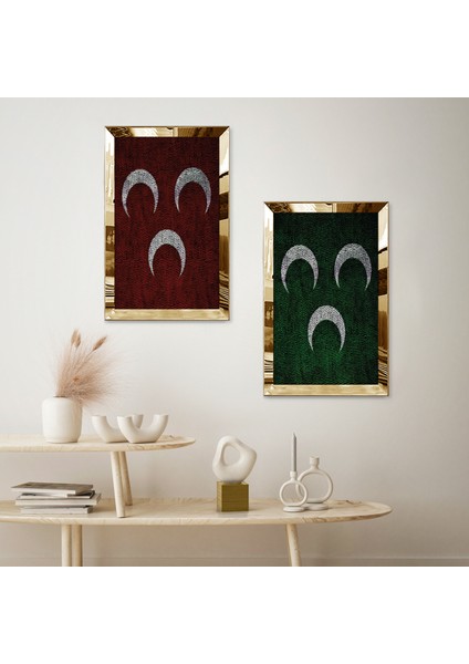 Gold Aynalı Pleksi Çerçeveli Kıemızı ve Yeşil 3 Hilal Ikili Mdf Tablo Seti fiyatları