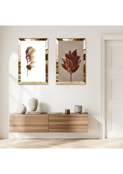 Gold Aynalı Pleksi Çerçeveli Modern Soyut Şekiller Ikili Mdf Tablo Seti