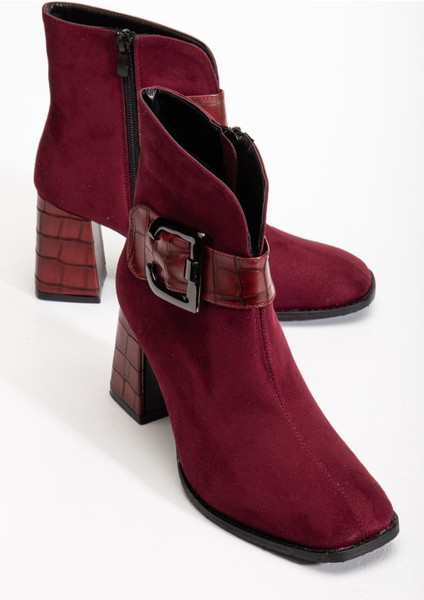 Süet Metal Kemerli Bordo Kadın Topuklu Bot