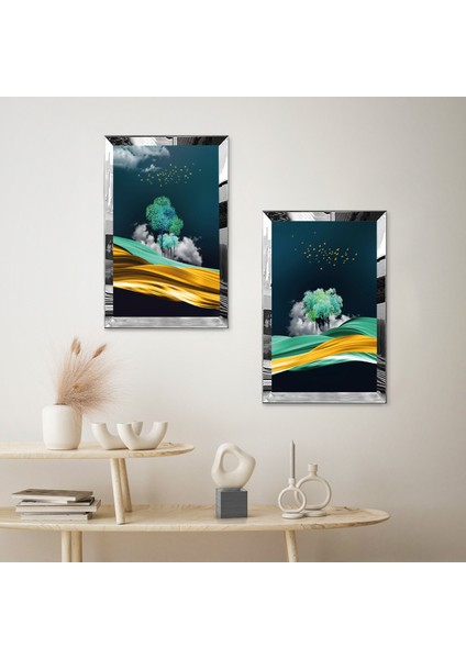 Gümüş Aynalı Pleksi Çerçeveli Gece Ağaç Manzaralı Dekoratif Ikili Mdf Tablo Seti fiyatları