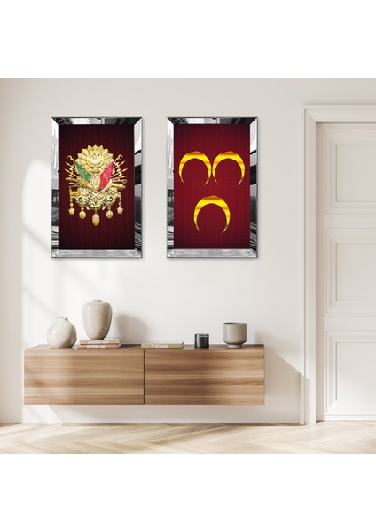 Gümüş Aynalı Pleksi Çerçeveli Altın 3 Hilal ve Osmanlı Tuğrası Ikili Mdf Tablo Seti