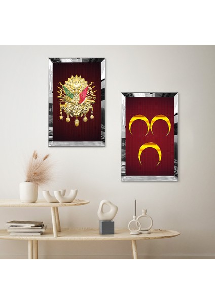 Gümüş Aynalı Pleksi Çerçeveli Altın 3 Hilal ve Osmanlı Tuğrası Ikili Mdf Tablo Seti fiyatları