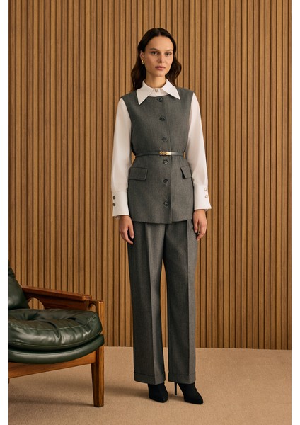 Deri Kemer Detaylı Dokuma Yelek