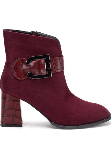 Süet Metal Kemerli Bordo Kadın Topuklu Bot modelleri
