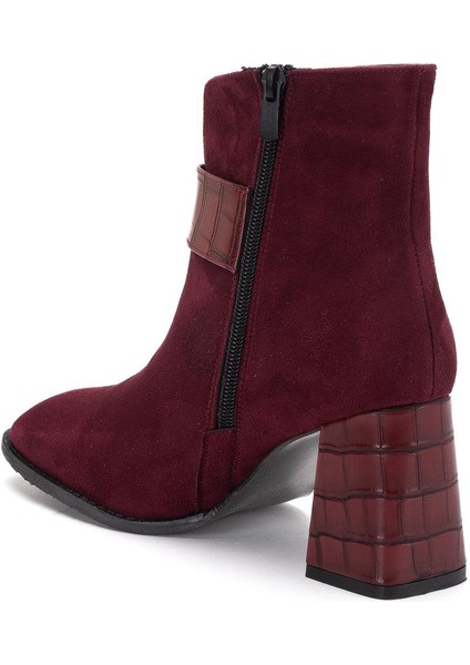 Süet Metal Kemerli Bordo Kadın Topuklu Bot indirimleri