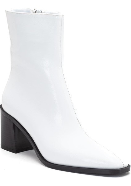 Beyaz Kadın Kalın Topuklu Bot Rugan Küt Burun Yüzüdüz modelleri