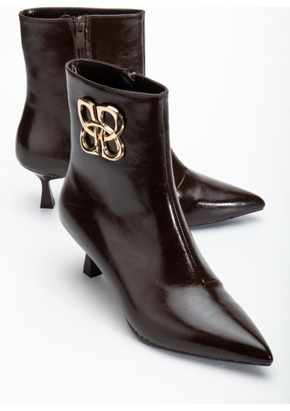 Kahverengi Kadın Ince Topuklu Bot Aksesuarlı Sivri Burun