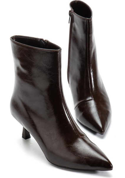 Kahverengi Kadın Ince Topuklu Bot Kırışık Rugan Sivri Burun