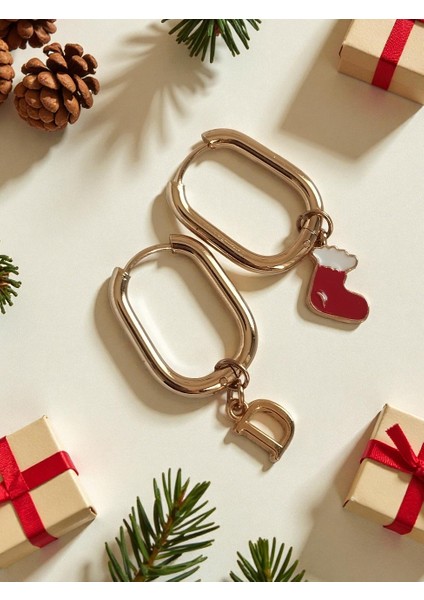 Yılbaşı Temalı Harf Chramlı Çelik Oval Küpe