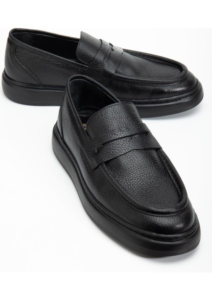 Hakiki Deri Erkek Casual Ayakkabı Siyah Kuşaklı Kolej Model Düz Taban