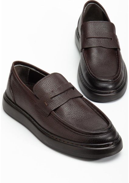 Hakiki Deri Erkek Casual Ayakkabı Kahverengi Kuşaklı Kolej Model Düz Taban