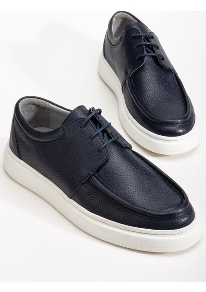 Hakiki Deri Erkek Casual Ayakkabı Lacivert Bağlı Eva Taban