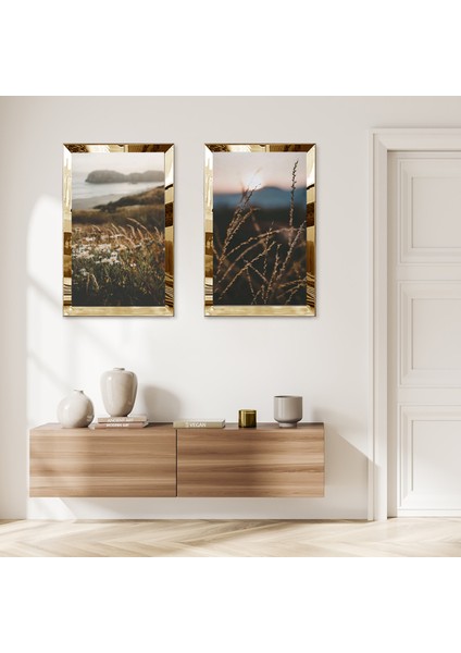 Gold Aynalı Pleksi Çerçeveli Çiçeklerin Arasında Deniz Mazaralı Ikili Mdf Tablo Seti