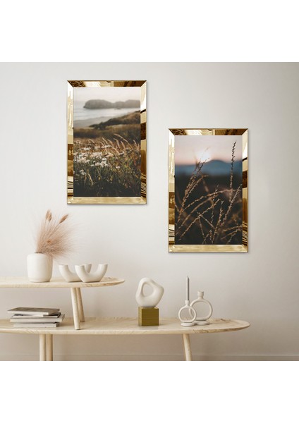 Gold Aynalı Pleksi Çerçeveli Çiçeklerin Arasında Deniz Mazaralı Ikili Mdf Tablo Seti fiyatları