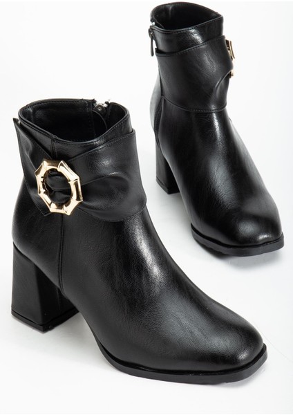 Siyah Kadın Kalın Topuklu Bot Yan Fiyonk Aksesuarlı Küt Burun