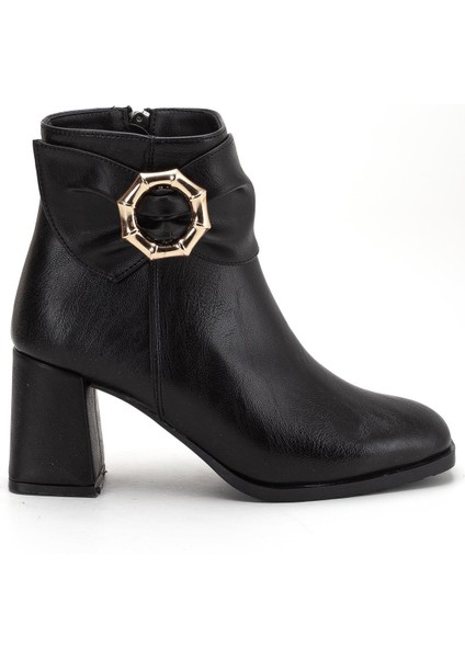 Siyah Kadın Kalın Topuklu Bot Yan Fiyonk Aksesuarlı Küt Burun modelleri