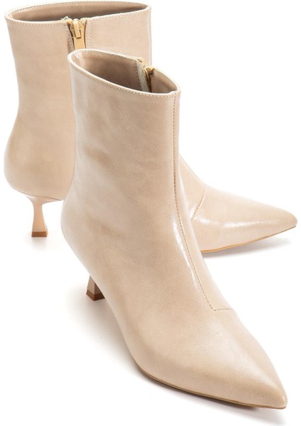 Nude Kadın Ince Topuklu Bot Kırışık Rugan Sivri Burun