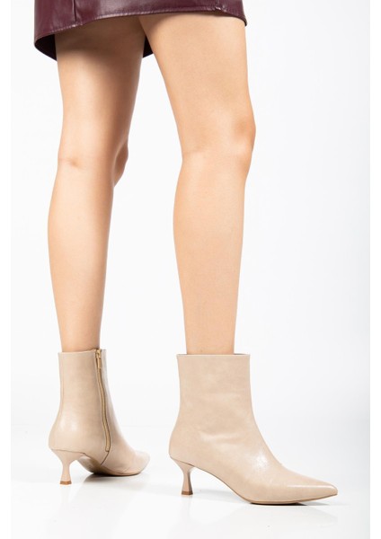 Nude Kadın Ince Topuklu Bot Kırışık Rugan Sivri Burun fiyatları