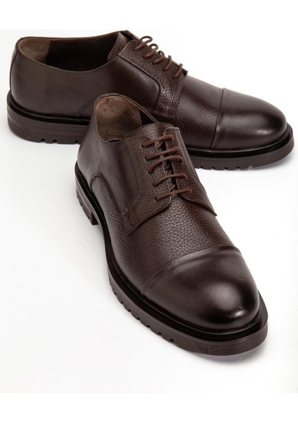 Hakiki Deri Kahverengi Erkek Klasik Ayakkabı Termo Taban Bağlı Maskeletli