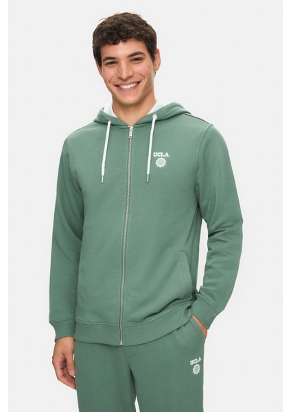 Hılgard Adaçayı Yeşili Kapüşonlu ve Fermuarlı Baskılı Standard Fit Erkek Sweatshirt