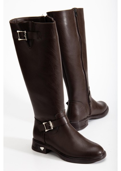 Kahverengi Kadın Çizme Düz Topuklu Bilek Kemerli