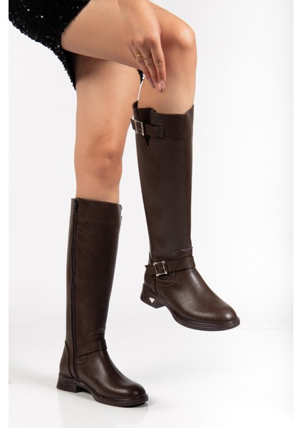 Kahverengi Kadın Çizme Düz Topuklu Bilek Kemerli fiyatları