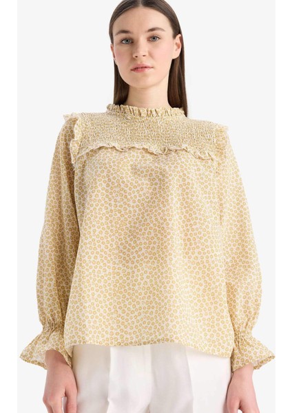 Regular Fit Desenli Fırfır Yaka Vual Uzun Kollu Tesettür Bluz Tunik E7966AX25SM