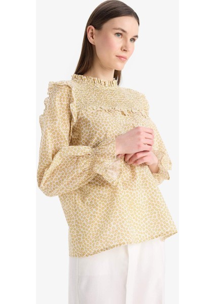 Regular Fit Desenli Fırfır Yaka Vual Uzun Kollu Tesettür Bluz Tunik E7966AX25SM fırsatları