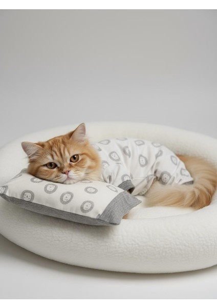 Soft Lion Kedi Uyku Seti | Penye Kedi Tulum ve Mini Yastık Takımı | Pamuklu | Tüy Dökülmesini Azaltır |