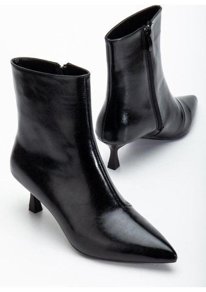 Siyah Kadın Ince Topuklu Bot Kırışık Rugan Sivri Burun