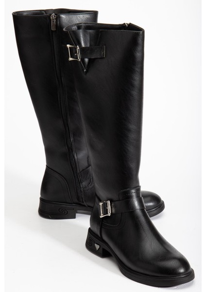 Siyah Kadın Çizme Düz Topuklu Bilek Kemerli