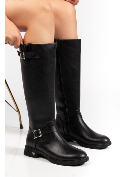 Siyah Kadın Çizme Düz Topuklu Bilek Kemerli fiyatları